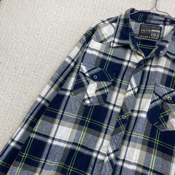 URBAN VINTAGE Snap Button Up Flannel Plaid Shirt Men SZ XXL Neon Green / Blue - Picture 3 of 14